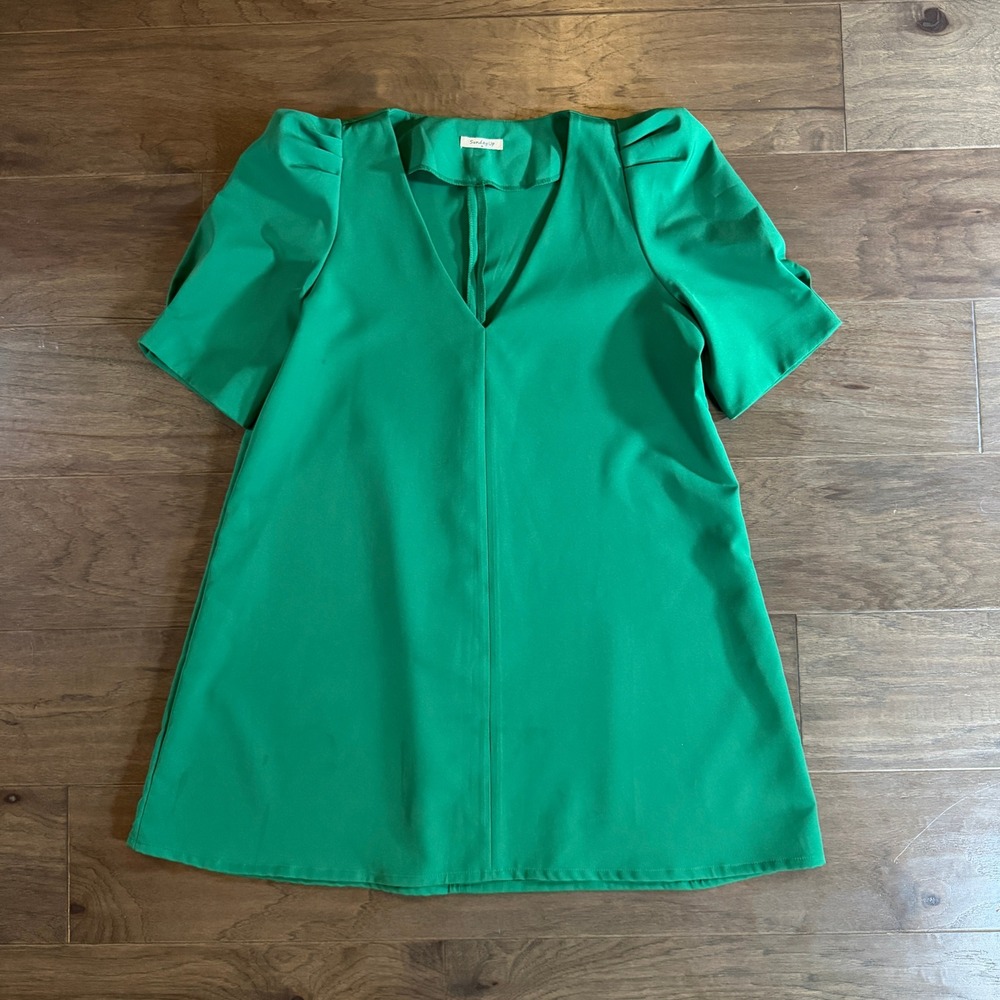 Sunday Up Womens Kelly Green V-Neck Puff Sleeve A-Line Mini Dress‎ Medium